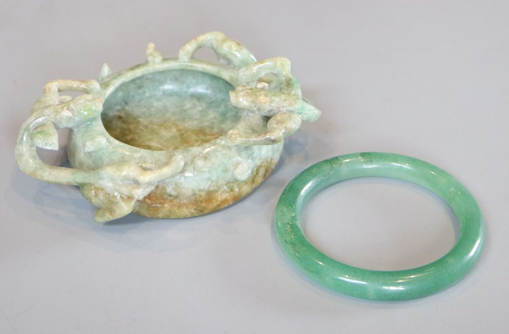 A Chinese jadeite brushwasher and a bangle